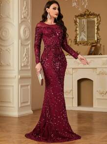 hezixi Đầm đuôi cá lưới đính sequin thanh lịch, đầm dự tiệc, đầm dự đám cưới, đầm dạ hội, đầm mùa xuân. - Màu Đỏ Sâu - Xem 6