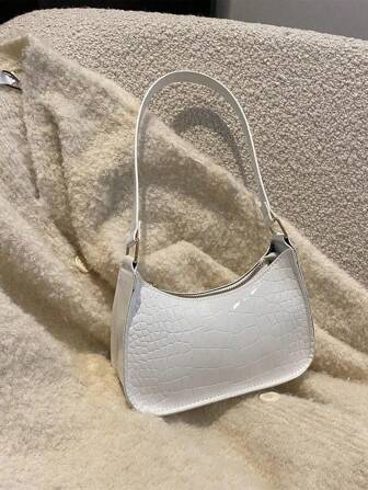 1 件女式迷你纯色百搭鳄鱼纹 PU 拉链封闭式单肩腋下包，早春单肩包，适合女友日常使用