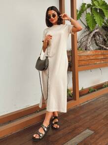 Women's Plain Midi Casual Cotton Dress - 杏色 - 查看 1