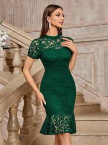 MIUSOL Vintage mock neck bloemenkant pofmouw cocktailparty bodycon jurk