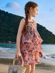 ASK JUNIOR Tween Girls Summer Ruffle Trim Vacation Princess Style Dress