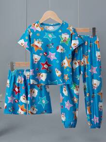 3 件套小男孩星星和熊印花短袖 T 恤、短裤和长裤，适合 4-12 岁男孩和女孩的休闲轻便服装，春夏 - 彩色 - 查看 1