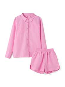 Women Pajama Set, Long Sleeve Button Closure Shirt With Shorts Sleepwear Loungewear - 粉色 - 查看 10