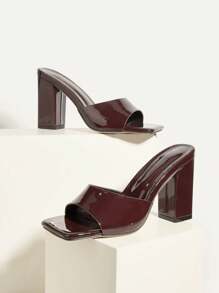 Glossy Coffee Brown Chunky Heel Fashion Versatile Women's High Heel Sandals