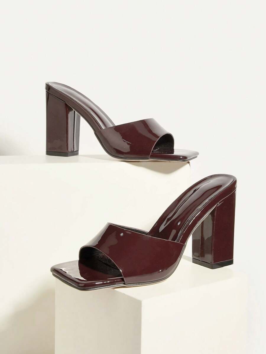 Glossy Coffee Brown Chunky Heel Fashion Versatile Women's High Heel Sandals