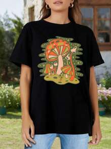 Forest Of Mushrooms – A Playful And Whimsical Mid-Century Modern Illustration Featuring Retro Organic Mushrooms In Nature With Green And Orange Hues For Women's Women T-Women's Shirt