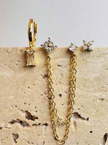 3pcs Stainless Steel Earring Set, Women Flower Cartilage Earrings, Fashion Jewelry; Low Allergy 14K Gold Plated Pendant Earrings, Delicate Long Chain Earrings, Gift For Valentine's Day, Mother's Day - Gold - View 5