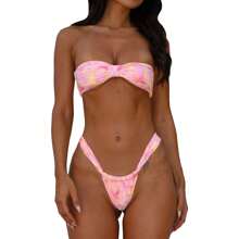 Women Two Piece Bikini Set Flower Print Tube Top With Low Waist Briefs Bathing Suit Swimsuit - 粉色 - 查看 2