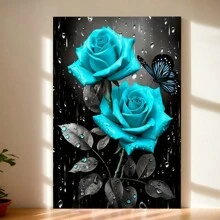 1pc, Flower Canvas Print Poster Blue Rose With Butterfly Canvas Wall Art Work Wall Painting Bathroom Bedroom Office Living Room Wall Decor
