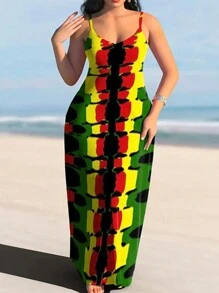 Women Plus Size Casual Vacation Style Printed Spaghetti Strap Dress With Pockets Party Summer Elegant - Multicolor - View 1