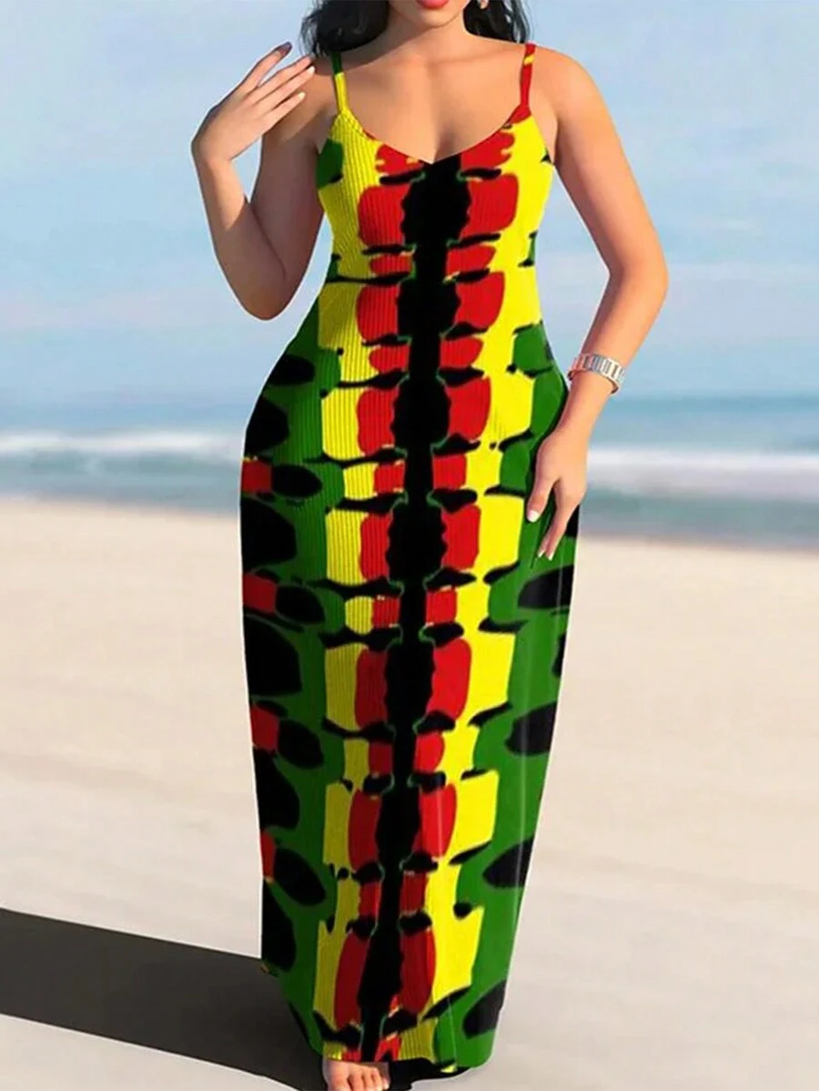 Women Plus Size Casual Vacation Style Printed Spaghetti Strap Dress With Pockets Party Summer Elegant - Multicolor - View 1