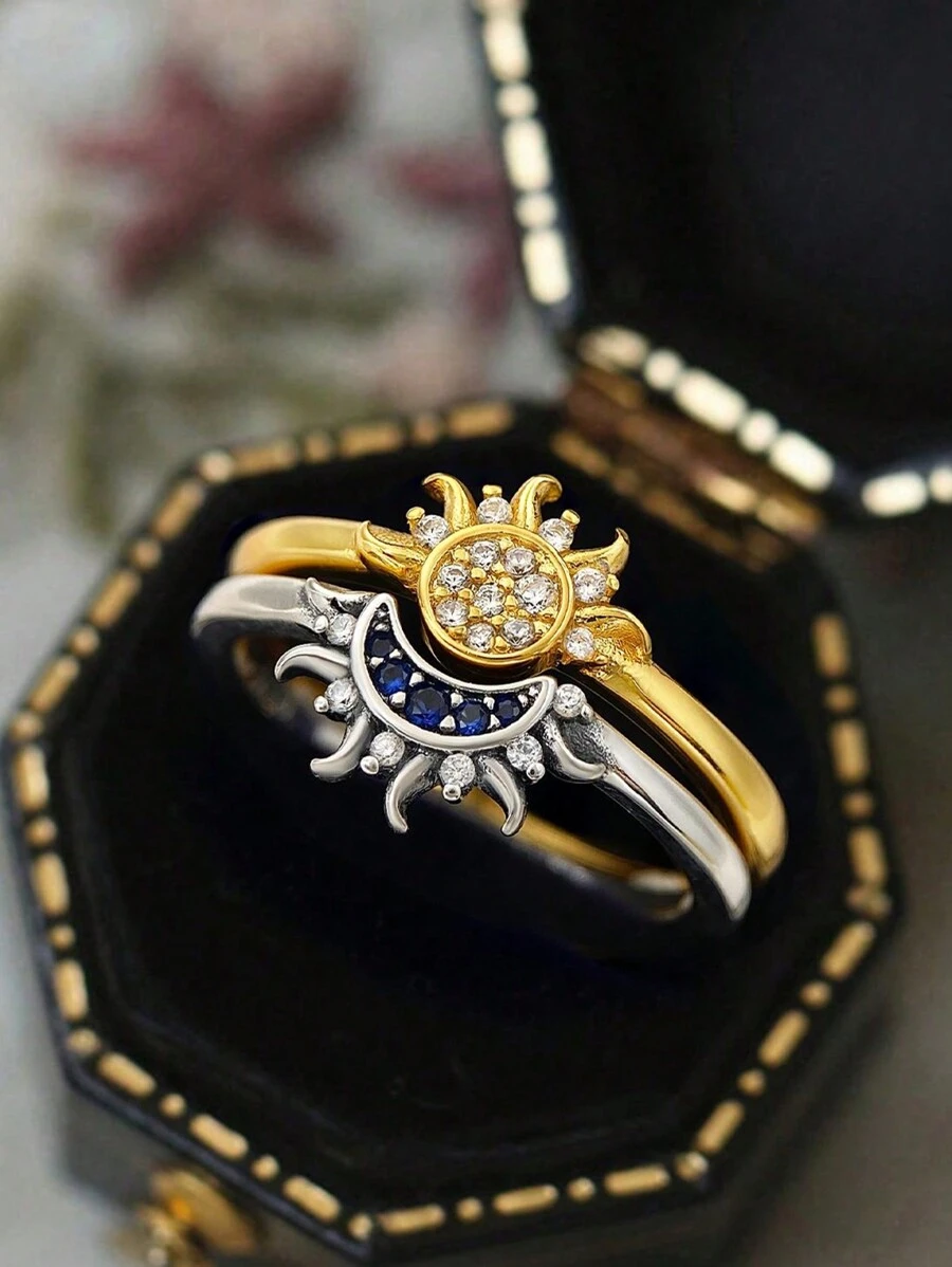 Stylever 1 件个性化太阳和月亮戒指，适合女士 925 纯银，时尚简约女士珠宝，适合女孩日常生活生日装饰 - 太陽月亮 - 查看 1