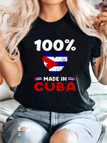 100 Percent Made In Cuban Boys Girls Kids Print T-Shirt, Casual Crew Neck Short Sleeve Comfort Tee Top For Spring & Summer, Women's Clothing - 黑色 - 查看 1