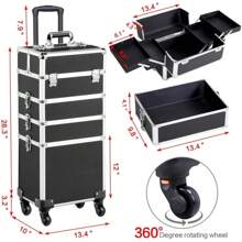 Topeakmart 4 In 1 Professional Rolling Makeup Case Large Cosmetic Train Case Makeup Organizer Case, Makeup Travel Case Travel Makeup Organizer, With Removeable Wheels - Black - Black - View 3