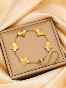 时尚流行纹理三叶草不锈钢手链套装，适合女士，适合各种场合、情侣、正式晚会、派对、礼物 - 金黃色 - 查看 16