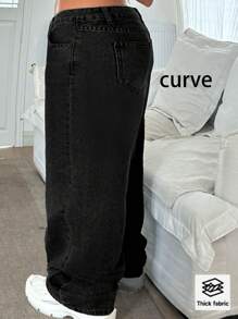 Quần jean nữ cạp chun rộng rãi, thoải mái, phong cách thường ngày, kiểu dáng thông thường, may sẵn, màu sắc đa dạng, phong cách đường phố Âu Mỹ 2025 - màu đen - Xem 2