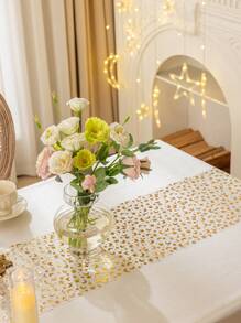 1 件 28x275 厘米/11x108 英寸桌旗卷，布艺星星、月亮、灯笼印花闪光桌布装饰，家居装饰桌面装饰中心装饰，金银色桌旗