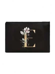 A Black Makeup Bag With The Initials A~Z Printed On It, Featuring A Green Leaf Pattern Print,Cosmetic Bag,Portable Wash Bag,Teacher's Day Gift, Reusable Makeup Bag, Women's Simple And Large Capacity Travel Makeup Bag