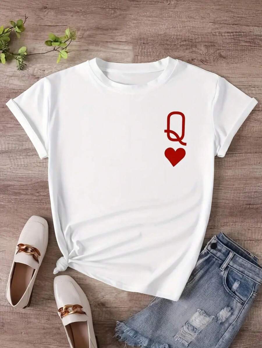 Women's Blouse T-Shirt Letter Queen Of Hearts Vibrant Colors 100% Cotton T-Shirt Round Neck Breathable Premium Mesh - 白色 - 查看 1
