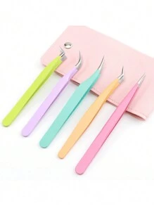 5 piezas de pinzas para extensiones de pestañas con diseño de pluma de acero inoxidable, pinzas profesionales para artistas de pestañas - Multicolor - Ver 6