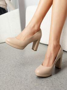 Women's Court Pumps Closed Round Toe Chunky High Heels Platform Work Elegant Comfortable Dress Shoes - 杏色 - 查看 3