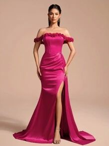 Romantisches elegantes 3D Blumen Bardot Tailliertes Meerjungfrauen Abendkleid, seitlicher Schlitz geeignet für Partys und formelle Anlässe