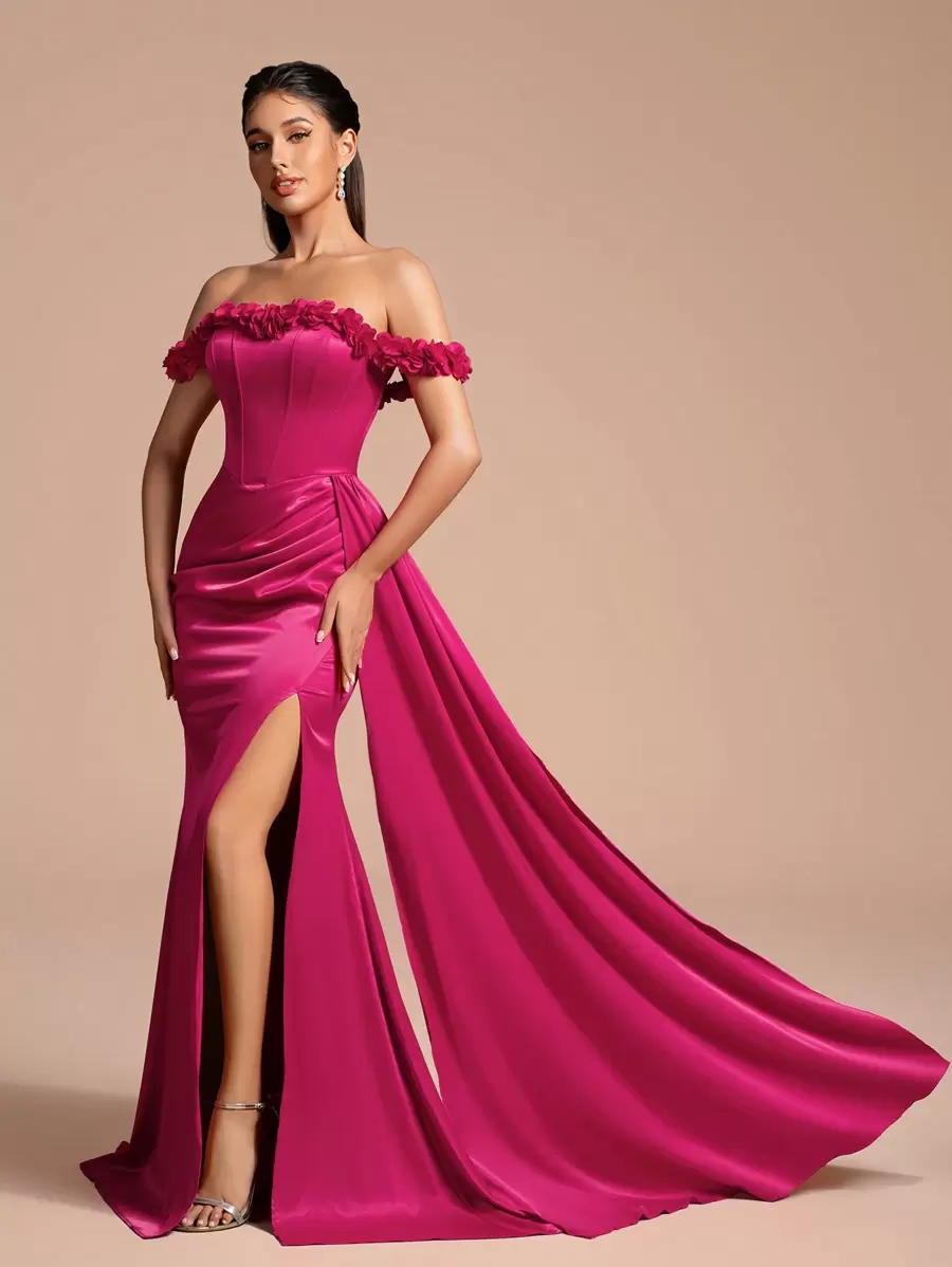 Romantisches elegantes 3D Blumen Bardot Tailliertes Meerjungfrauen Abendkleid, seitlicher Schlitz geeignet für Partys und formelle Anlässe