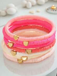 7pcs/Set Bohemian Style Random Pink Mixed Color Soft Clay Heart Beaded Stackable Bracelets Set, Suitable For Gift Giving And Daily Matching - Multicolor - View 4