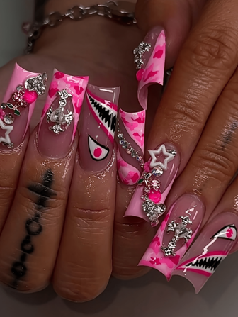 Luxury Sweet Cool High-End Design Cherry Star Heart Flashing Rhinestone Star European And American Wearable Nails European Square Medium False Nails Suitable For Girls And Women Gifts With Jelly Glue And Nail File