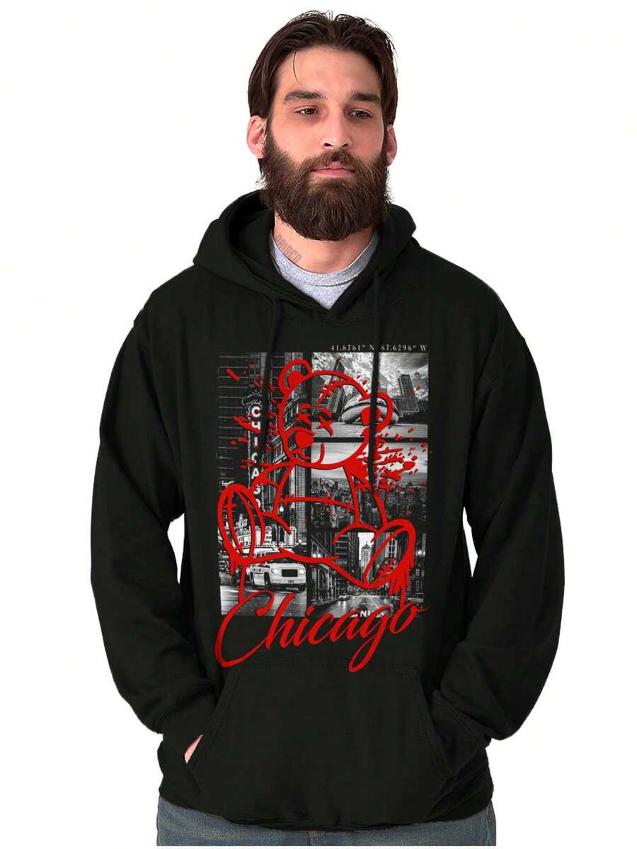 Chicago Illinois Graphic Fleece Lined Pullover Hoodie Cool Urban Streetwear Chicago Illinois Teddy Bear Graffiti Paint Drip Hometown Travel Vacation Tourist Souvenir Casual Everyday Cotton Printed Thermal Lined Drawstring Hooded Sweatshirt Kangaroo Pocket - Black - View 1
