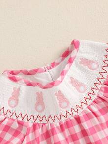 Vestido de Pascua para niñas de 0 a 3 años, con bordado de conejo, cuello redondo, estampado a cuadros, mangas voladoras, corte A - Rosa - Ver 4