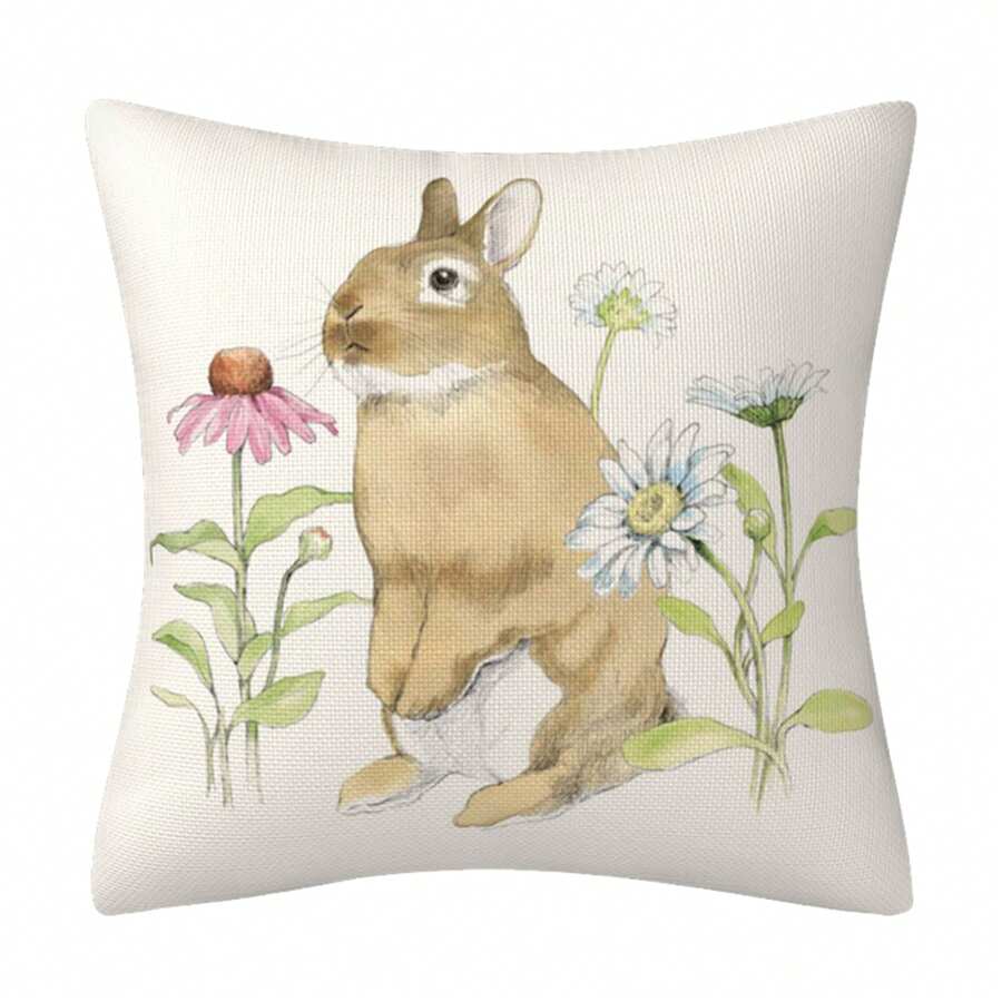 Fundas de almohada de Pascua con diseño vintage de conejito de acuarela y flores, fundas de cojín para el hogar - Blanco marfil - Ver 1