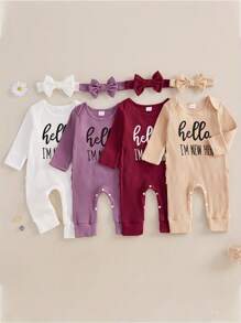 Newborn Baby Girls Rompers Knit Round Neck Long Sleeve Infant Fall Jumpsuits With Headband Coming Home Outfit - 杏色 - 查看 2