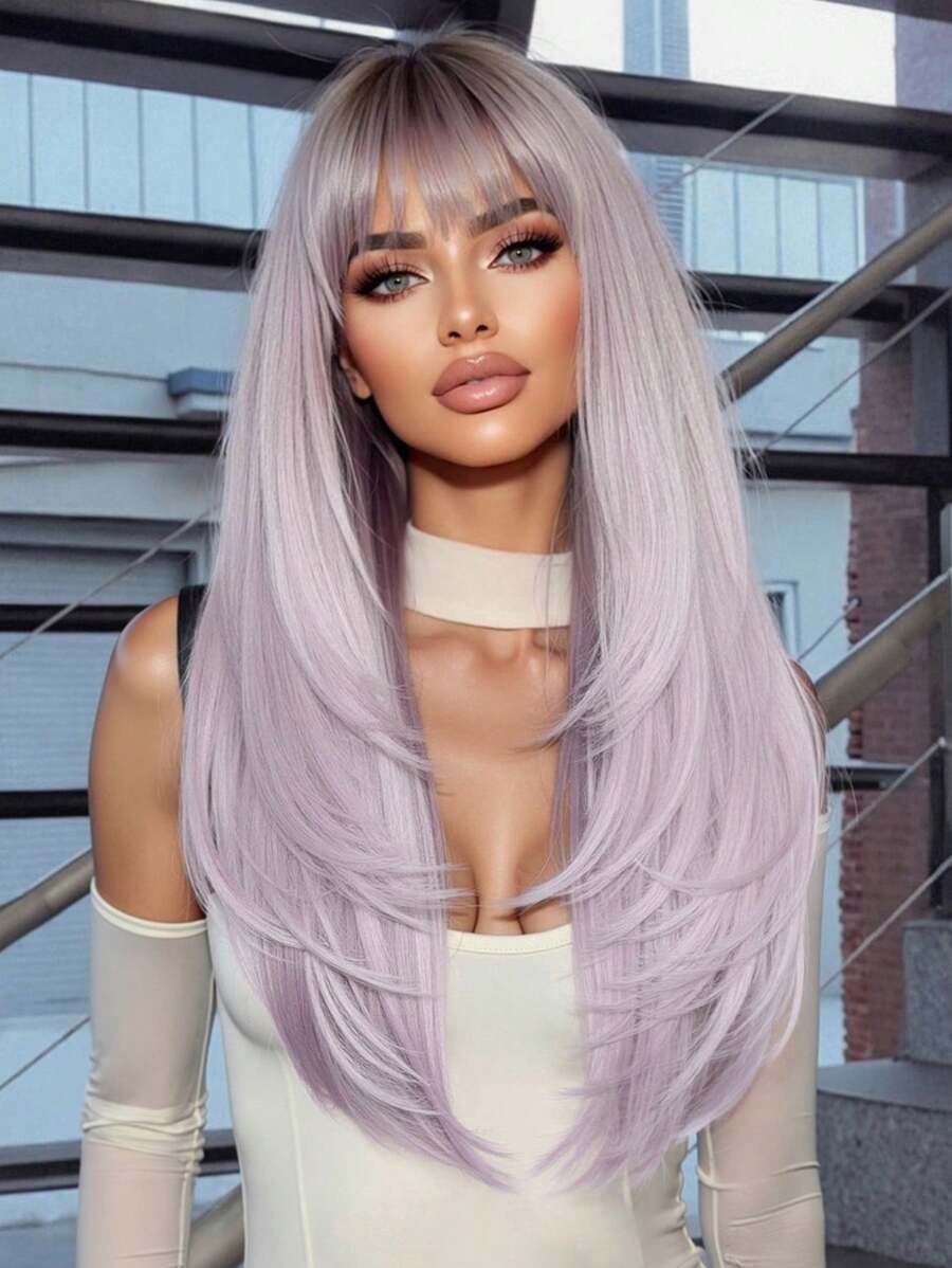 26-Inch Multi-Layer Straight Hair Synthetic Heat-Resistant Fiber Wig For Women's Daily Party Birthday Wear - Mauve Purple - View 1