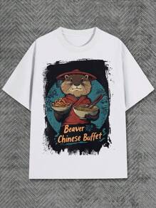 Beaver In Traditional Outfit With Food Men's T-Shirt Comfortable 100% Cotton Round Neck Short Sleeve Fitted For Men - 白色 - 查看 1