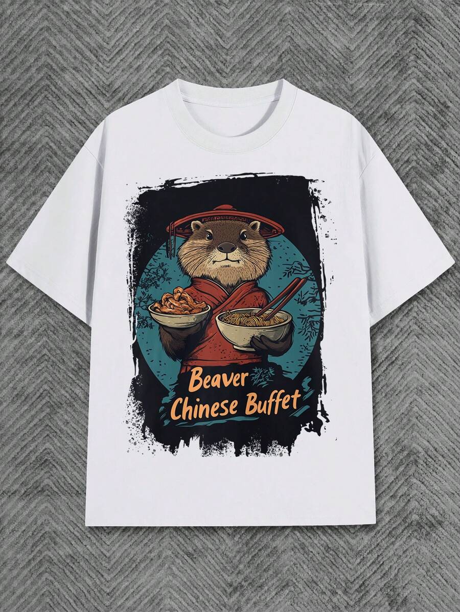 Beaver In Traditional Outfit With Food Men's T-Shirt Comfortable 100% Cotton Round Neck Short Sleeve Fitted For Men - 白色 - 查看 1