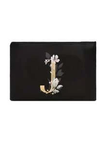 A Black Makeup Bag With The Initials A~Z Printed On It, Featuring A Green Leaf Pattern Print,Cosmetic Bag,Portable Wash Bag,Teacher's Day Gift, Reusable Makeup Bag, Women's Simple And Large Capacity Travel Makeup Bag