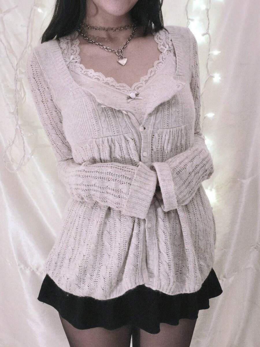 Women's Vintage Cable Knit Sweater Y2k Casual Long Sleeve Square Neck Button Down Solid Color Loose Pullover Jumpers Knitted Tops Retro Y2K Fairy Grunge Knitwear Aesthetic Clothes 2000s Streetwear - Màu Xám nhạt - Xem 1