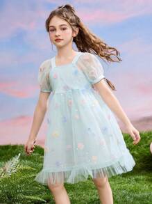 ASK JUNIOR Tween Girls Lightweight Breathable Sweet Cute Princess Dress, Casual Children Summer Dress - Blue - View 9