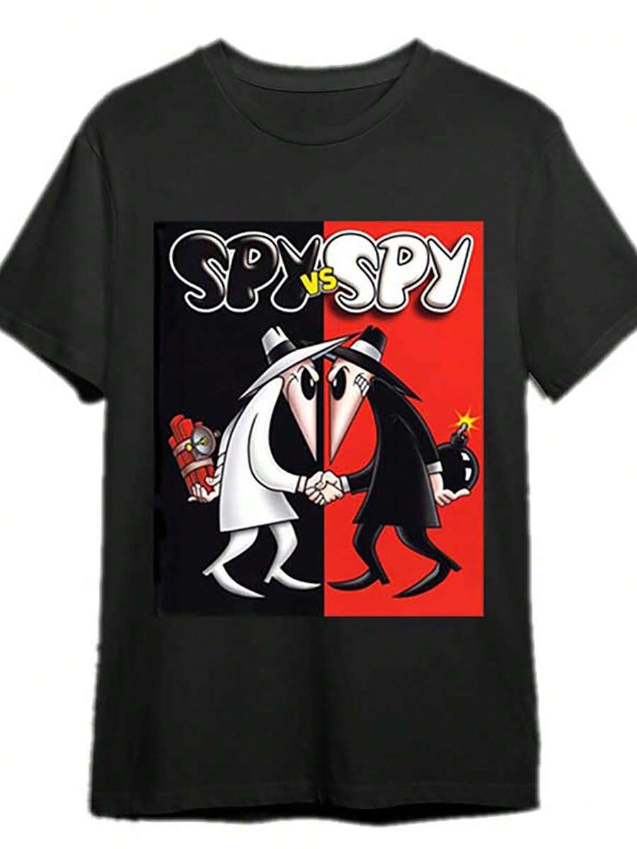 Men's Spy Vs. Spy Graphic Tee - Fun Black Short Sleeve T-Shirt With Iconic Cartoon Spies Design, 100% Cotton, Perfect For Casual Wear & Everyday Fun