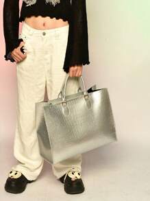 Fashionable Snake Skin Pattern All-Season Travel & Shopping Tote Bag, Extra Large Handbag - Silver - View 3