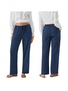 Women Loose Linen Pants Solid Color Drawstring High Waist Trousers With Pockets For Spring Summer - Navy Blue - View 2