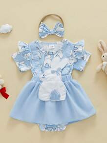 Baby Girls Rompers Dress Easter Clothes Short Sleeve Rabbit Embroidery Skirt Hem Bodysuits Jumpsuits With Headband - Blue - View 1