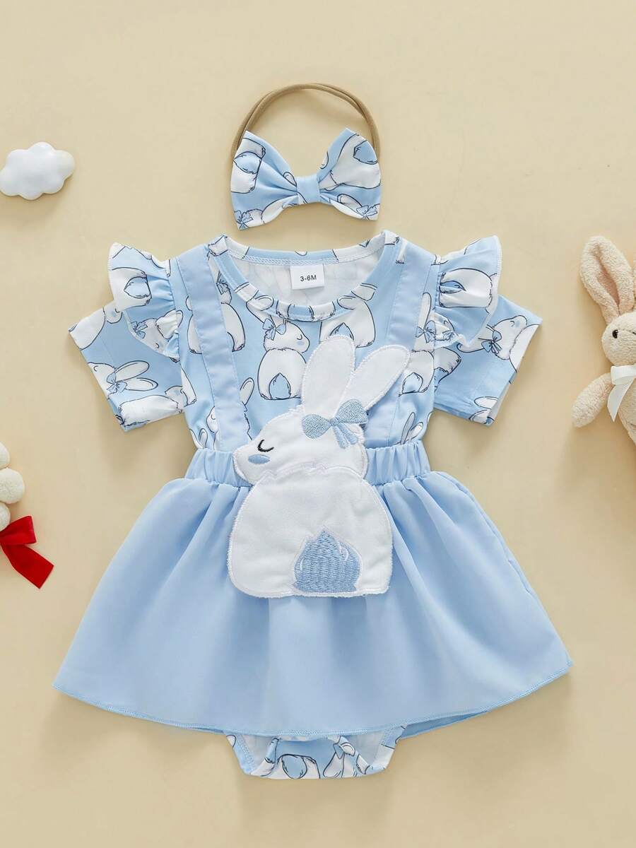 Baby Girls Rompers Dress Easter Clothes Short Sleeve Rabbit Embroidery Skirt Hem Bodysuits Jumpsuits With Headband - Blue - View 1