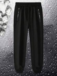 1pc Boys/Teens Casual Outdoor Sports Washable Loose Fit Versatile Ice Silk Thin High Elastic Comfortable Zipper Pocket Drawstring Pants, Suitable For Spring, Summer, Autumn, Winter - 黑色 - 查看 2