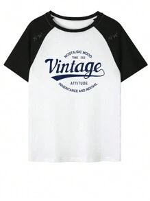 Summer New Women Loose Leisure Versatile Letter & Floral Pattern Splice Design T-Shirt Top