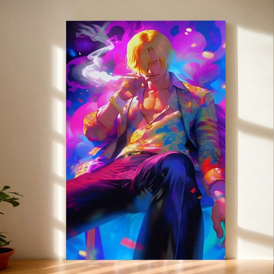 Framed Cool Anime Man Canvas Print, Smoking Pose, Neon Colors And Urban StyleRoom, Living Room, Kitchen, A Festive Touch For Valentine's And New Yea Decor - Đã đóng khung - Xem 1