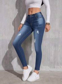 High Waisted Skinny Denim Pants With Pockets -ZANA - Dusty Blue - View 2