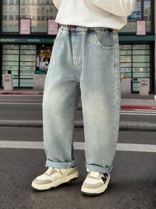 小男孩春季大象刺绣后口袋牛仔长裤 - 淺藍色 - 查看 2