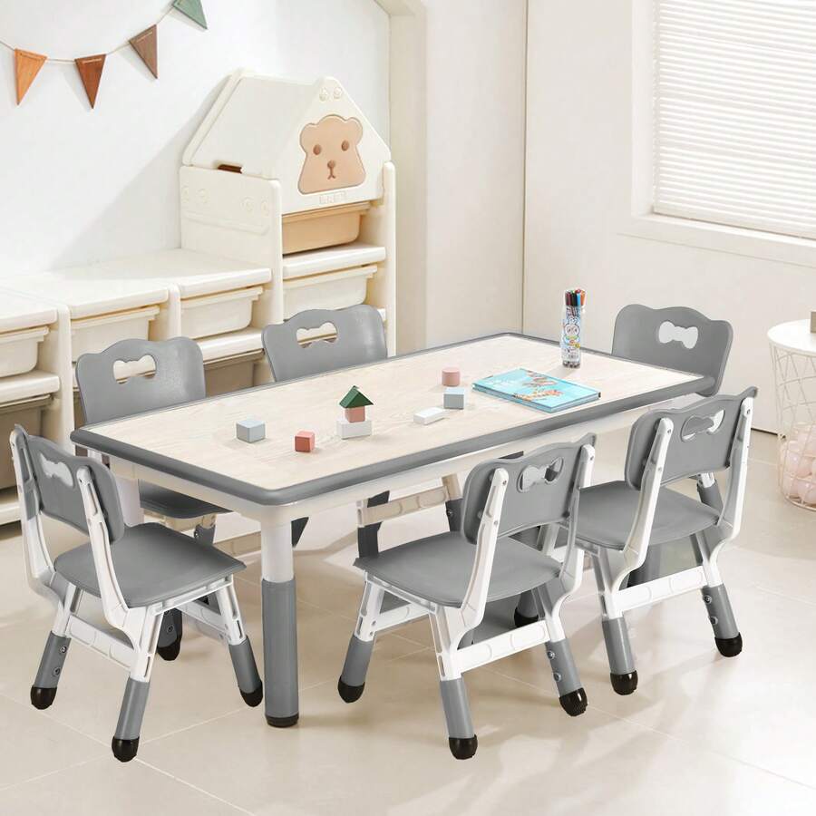 Kids Table And Chair Set, Height Adjustable Toddler Arts & Crafts Table And 6 Chair Set For Ages 2-10,Max 300lbs Kids Activity Art Table For Classroom Daycares,Home